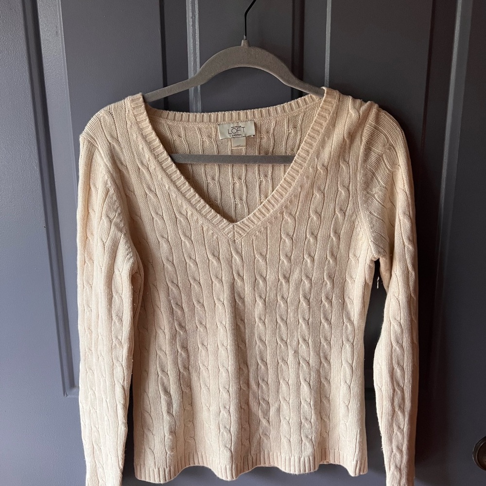 LOFT V-Neck Cable Knit Sweater - Beige